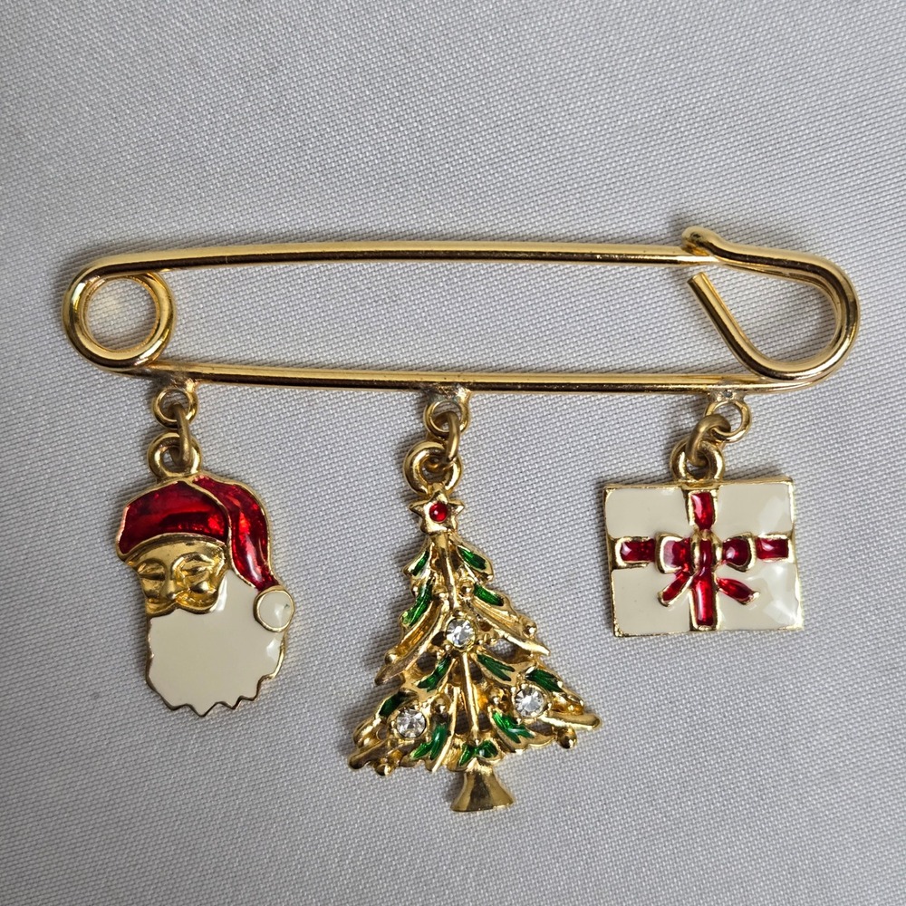 Avon Christmas Pin Brooch With Santa, Tree, Present Charms, Gold tone, Vtg 1995